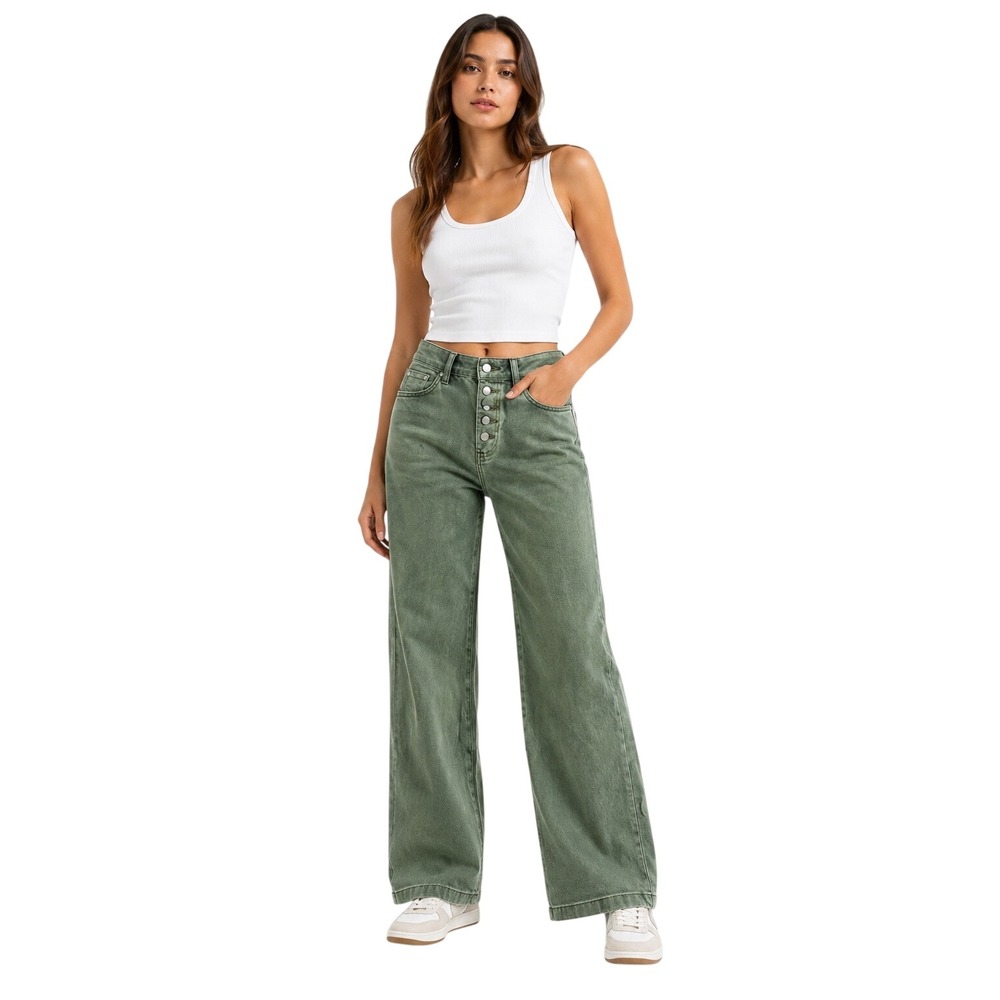 Calvin Klein Jeans Womens 24 Olive Green Mid Rise Wide Leg Button Fly Denim